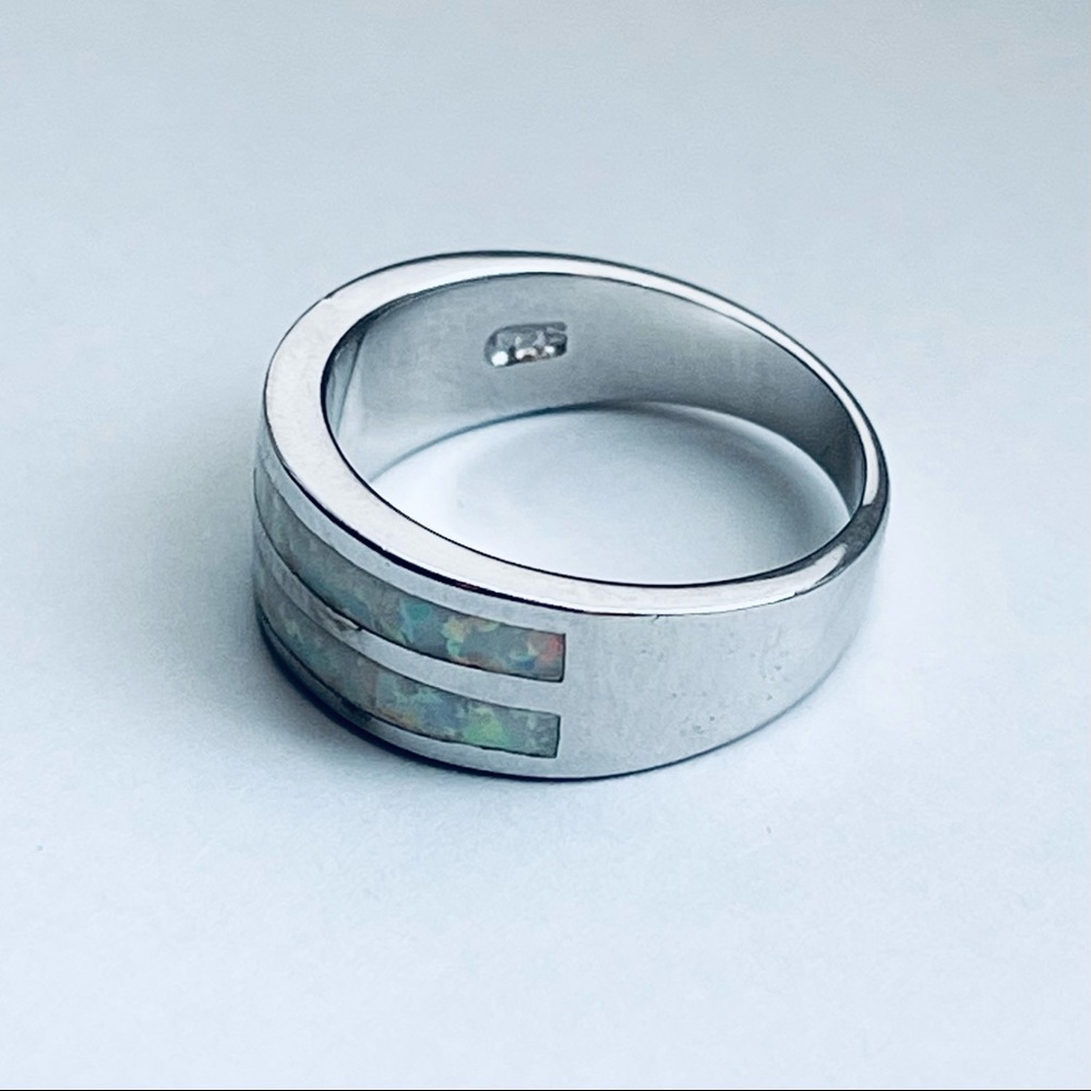 Sterling Silver White Lab Opal Ring, Wedding Band, October Birthstone Rings - Picture 10 of 13